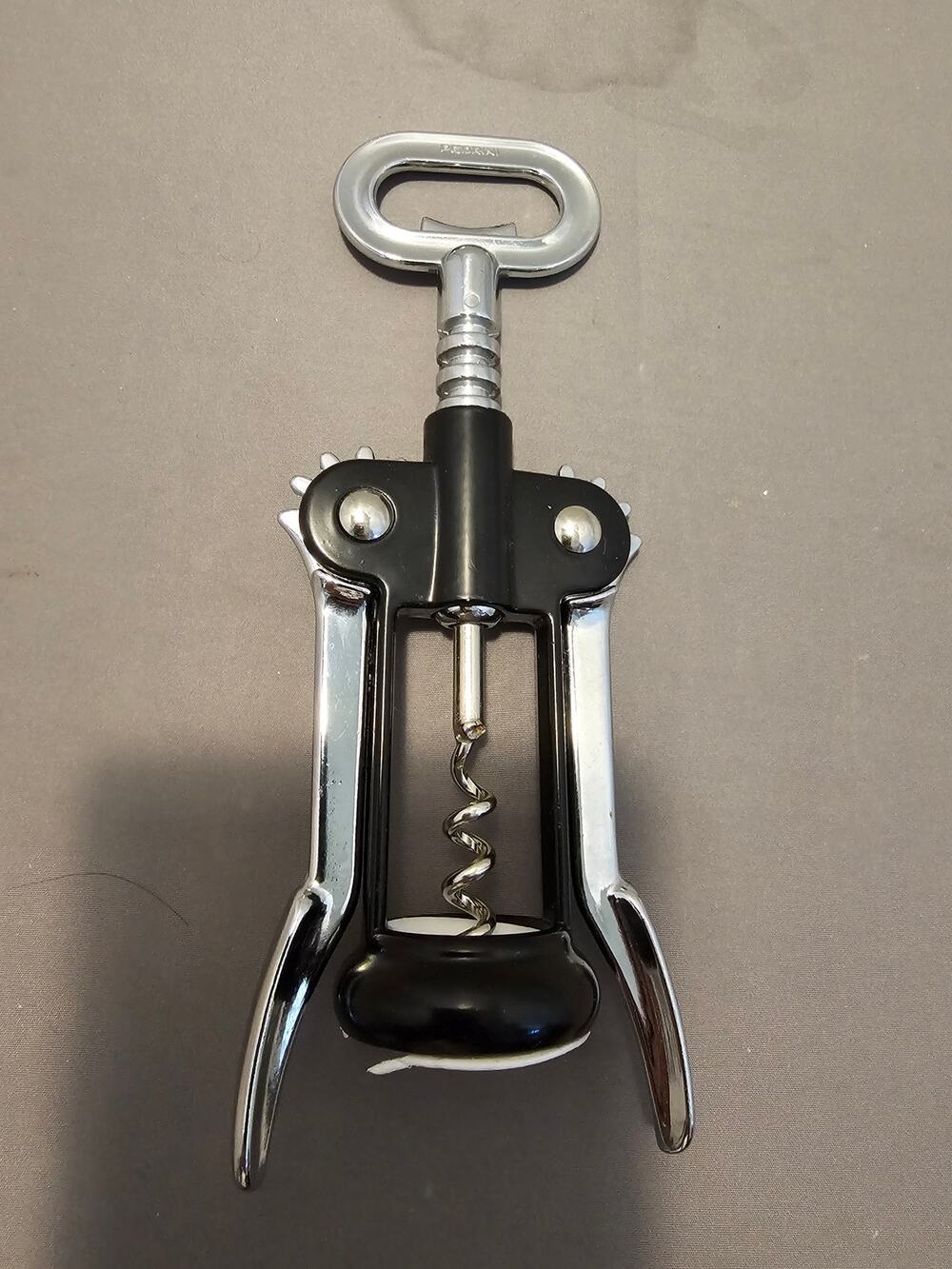 Pedrini Black/Silver Corkscrew Wine Bottle Opener w/Fins - Push Down-Italy-Used